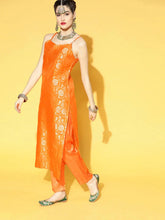 Women Orange Floral Woven Design Pure Cotton Kurta With Trousers With Dupatta Set